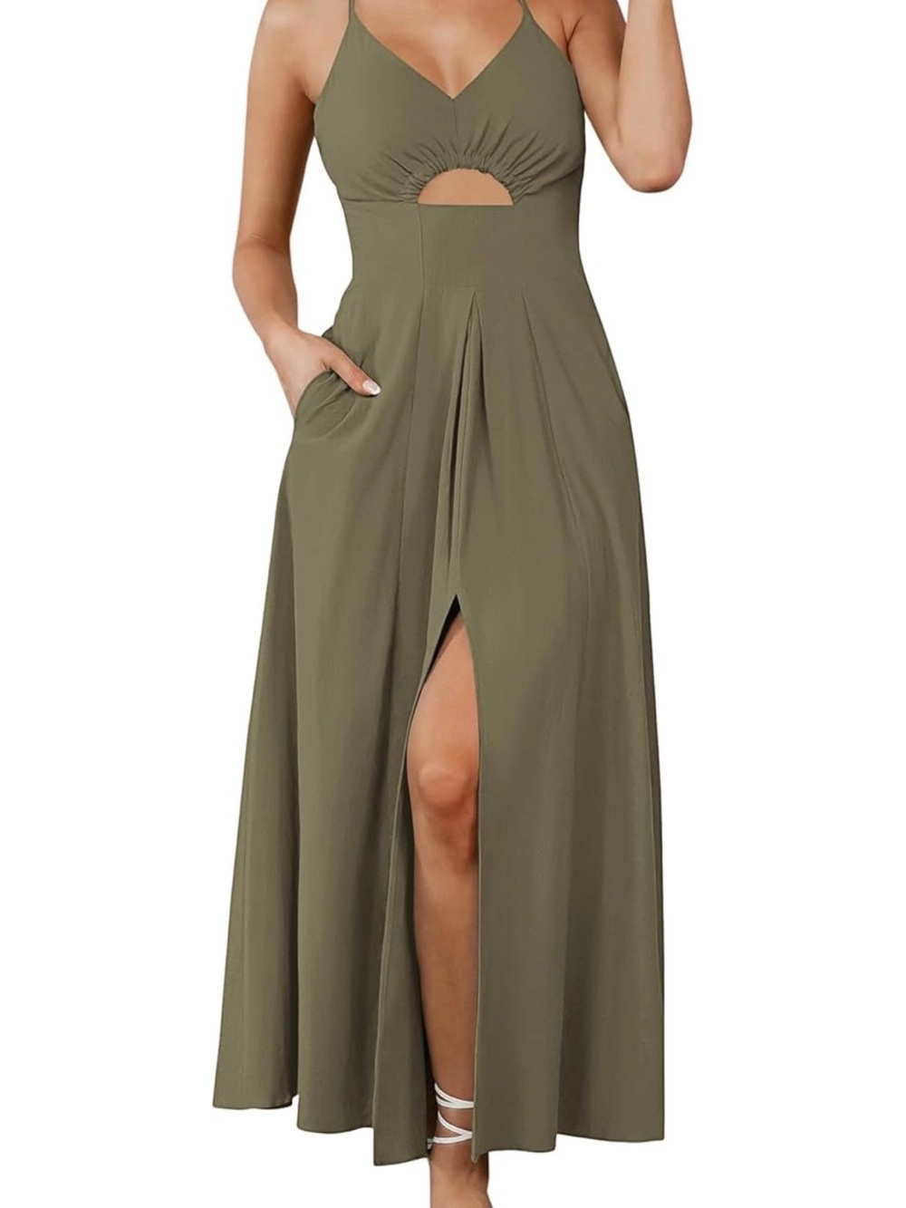 Olive Green Sleeveless Cutout Maxi Dress with Front Slit